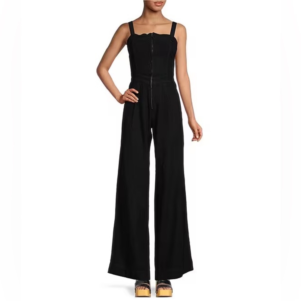 Free People Call On Me Square Neck Sleeveless Wide Leg Zipper Front Jumpsuit